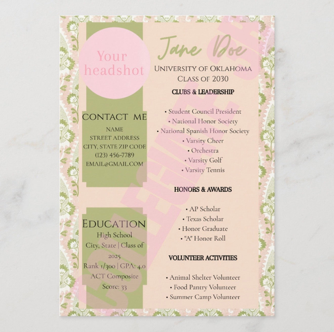 Rush Resume- green/pink