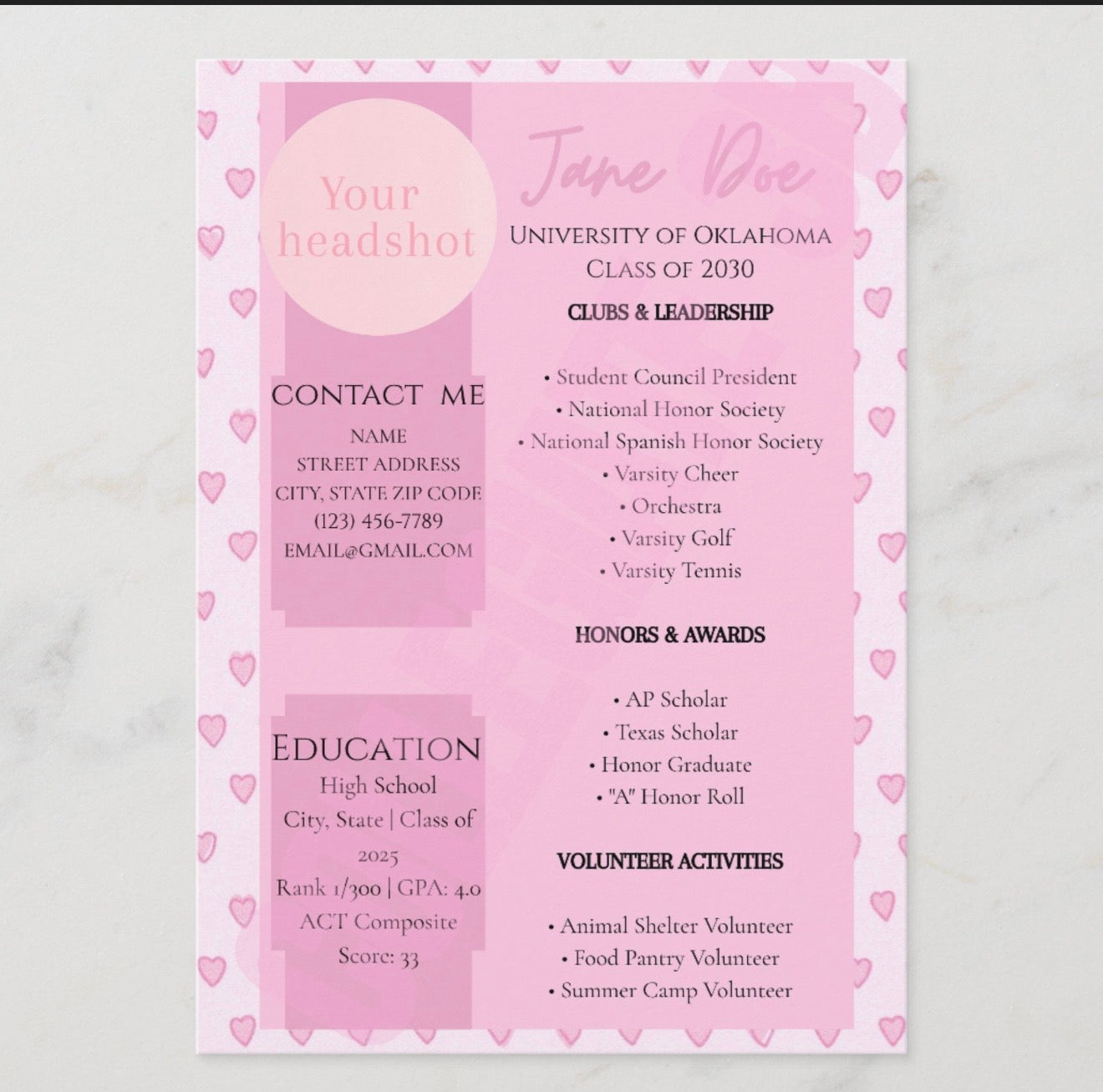 Rush Resume- Pink Hearts